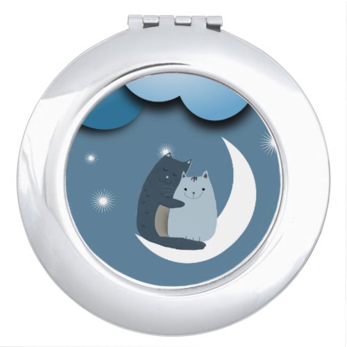 Cute Cats Cuddling on the Moon Art Compact Mirror