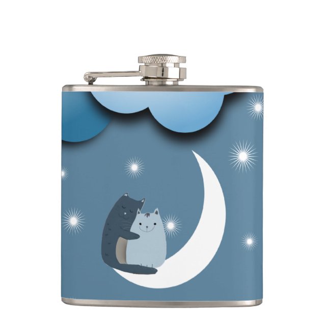 Cute Cats Cuddling on the Moon Art Flask (Front)
