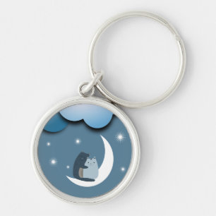 Cute Cats Cuddling on the Moon Art Keychain