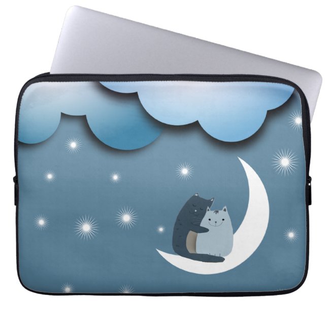 Cute Cats Cuddling on the Moon Art Laptop Sleeve (Front)