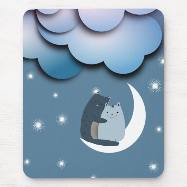 Cute Cats Cuddling on the Moon Art Mouse Pad (Front)