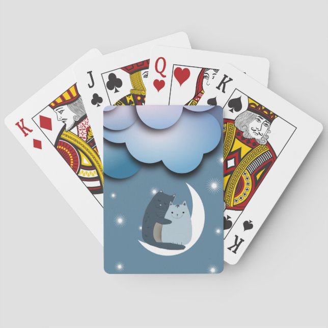 Cute Cats Cuddling on the Moon Art Poker Cards (Back)