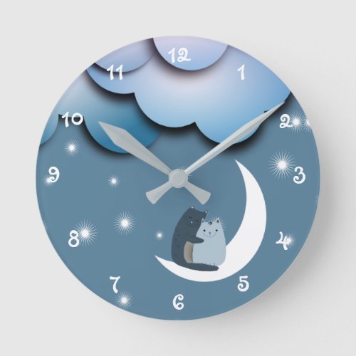 Cute Cats Cuddling on the Moon Art Round Clock