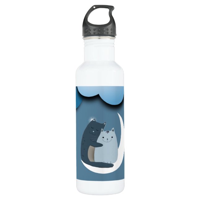 Cute Cats Cuddling on the Moon Art Stainless Steel Water Bottle (Front)