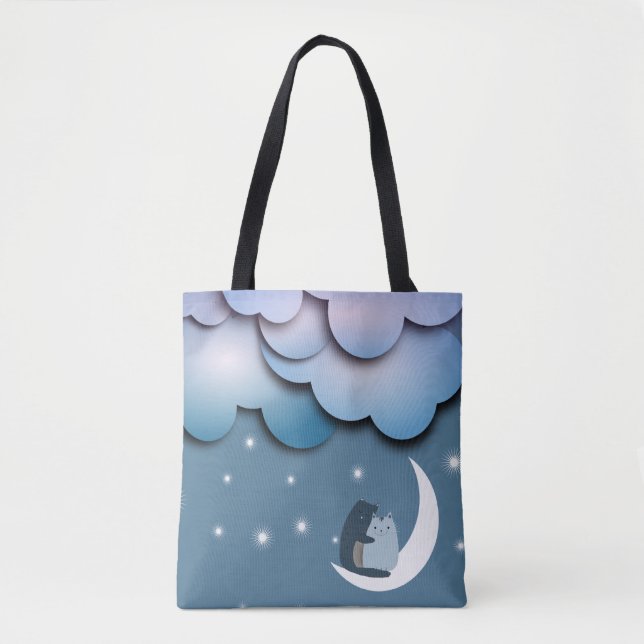 Cute Cats Cuddling on the Moon Art Tote Bag (Front)