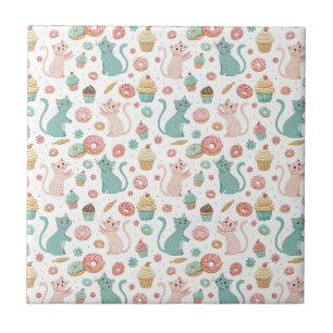 Cute Cats & Cupcakes Pattern - Kawaii Kitten Art Ceramic Tile