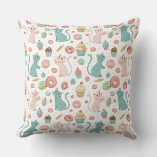 Cute Cats & Cupcakes Pattern - Kawaii Kitten Art Throw Pillow