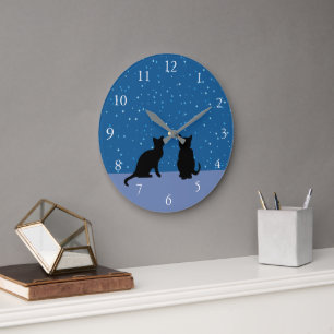 Cute cats dark night sky with stars large clock