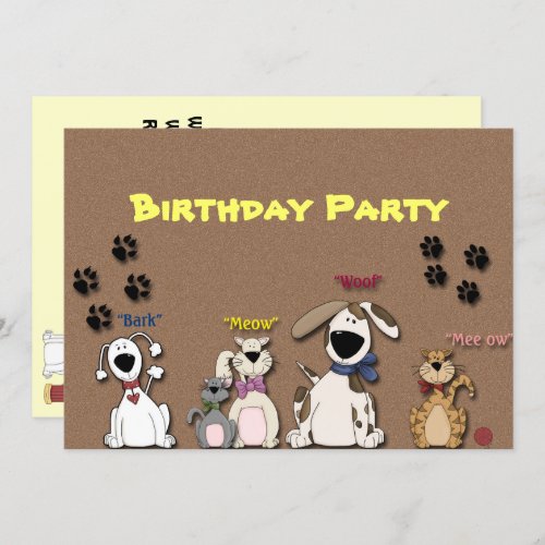 Cute Cats  Dogs Birthday Party Invitation