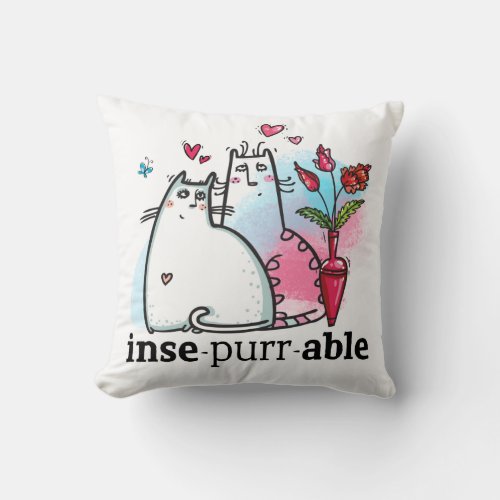 Cute Cats Drawing Romantic feline Pun Insepurrable Throw Pillow