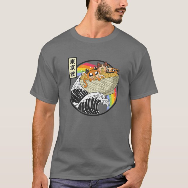 Cute Cats Eating Ramen Kanagawa Wave Kawaii Anime T-Shirt (Front)