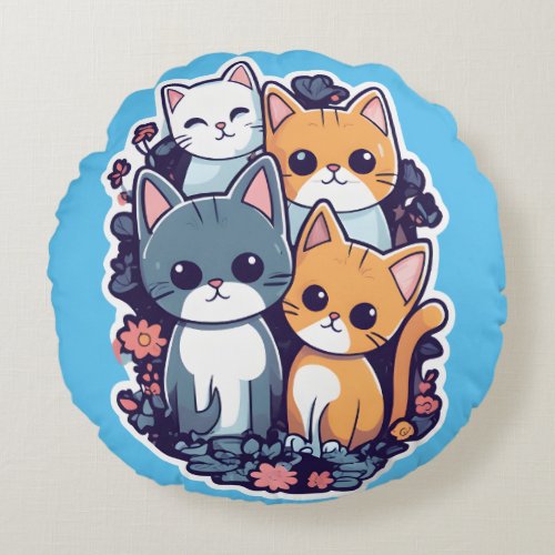Cute cats familly round pillow