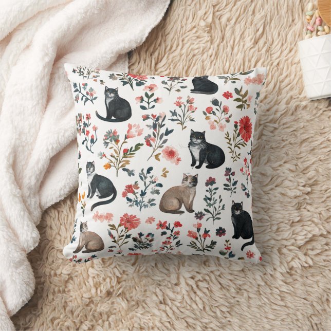  Cute Cats & Floral Pattern Pillow Cozy Decorative (Blanket)