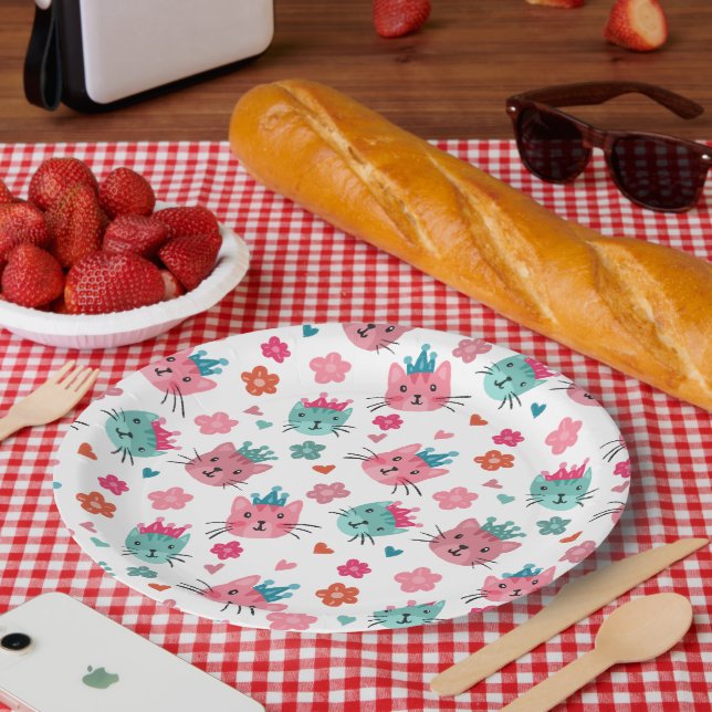 Cute Cats Flowers Hearts Paper Plates (Picnic)