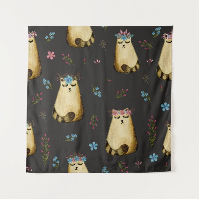 Cute Cats Flowers Watercolor Pattern Tapestry (Front)