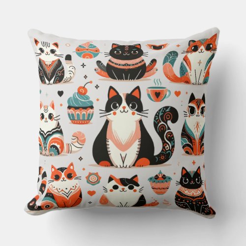 Cute cats folk art type throw pillow