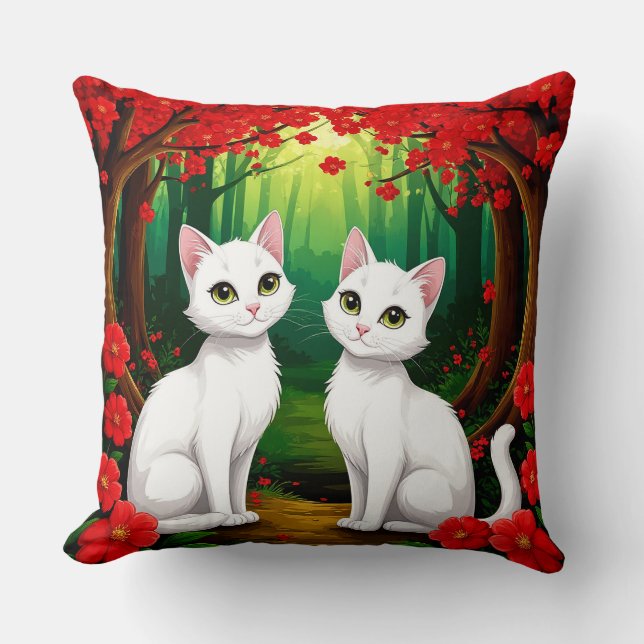 Cute Cats Forest Flower Scene 🐱 Throw Pillow (Front)