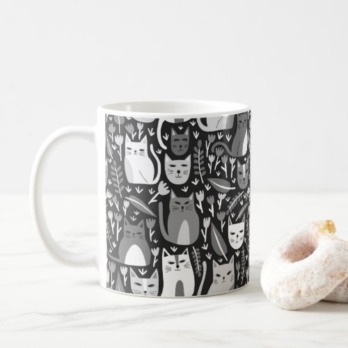 Cute Cats Fun Floral Kitten Pattern Black  White Coffee Mug