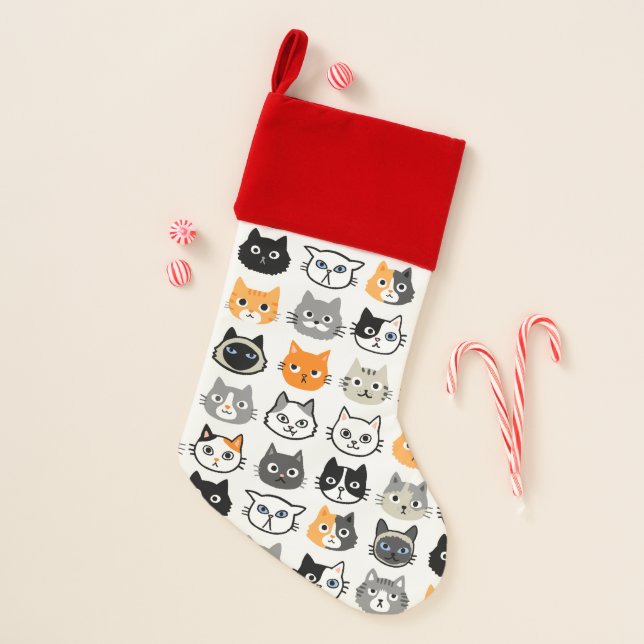 Cute Cats Funny Kitty Cat Faces Patterned Christmas Stocking (Front)