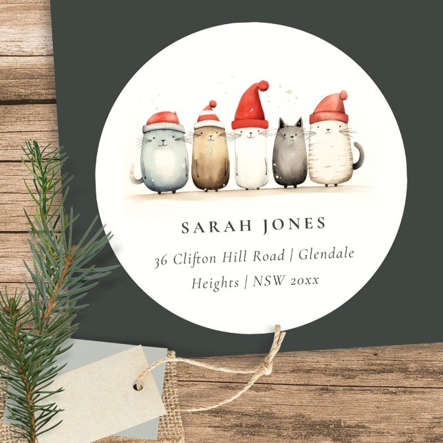 Cute Cats Furry and Bright Christmas Address Classic Round Sticker (Creator Uploaded)