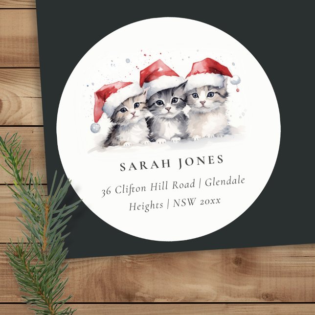 Cute Cats Furry and Bright Christmas Address Classic Round Sticker (Creator Uploaded)