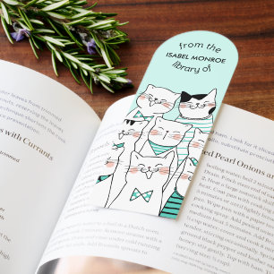 CUTE CATS HAPPY FACES GREEN CUSTOM NAME BOOKMARKS