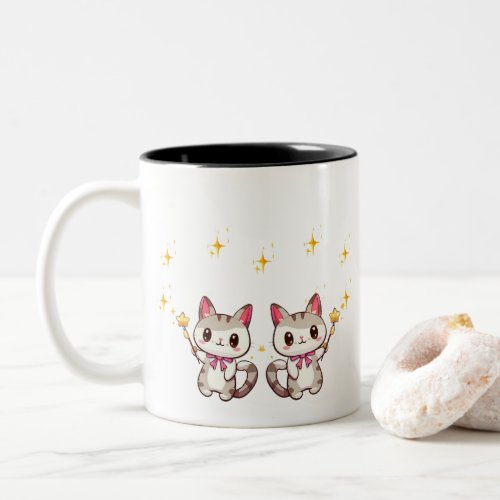 Cute Cats Holding Magic Wand Heart Stars Two_Tone Coffee Mug