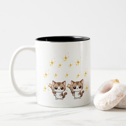 Cute Cats Holding Magic Wand Stars Two_Tone Coffee Mug