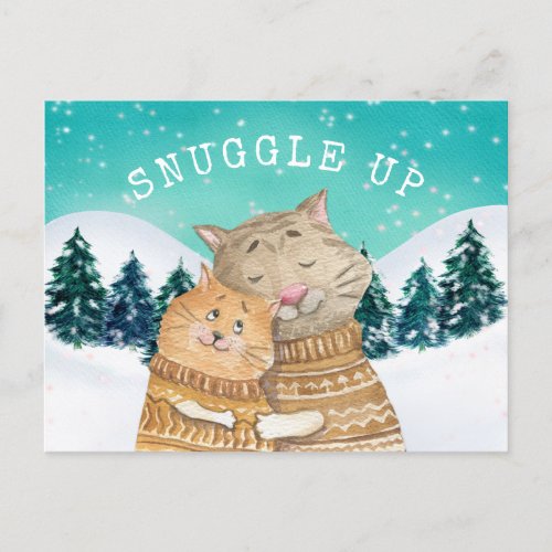 Cute Cats Hugging Snuggle Up Forest Snow Scene Holiday Postcard