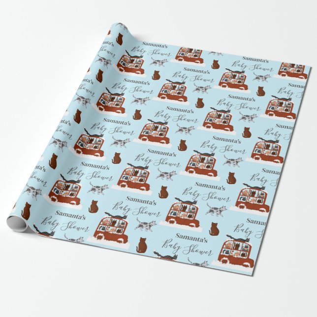Cute Cats in car Winter Birthday Baby Gift Wrapping Paper (Unrolled)