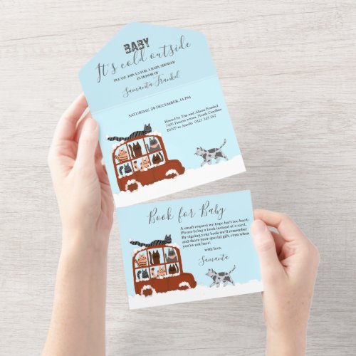 Cute Cats in car Winter Cold Baby Shower  All In One Invitation