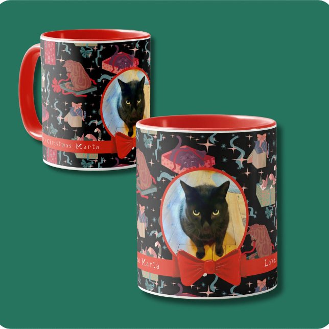 Cute Cats In Christmas Boxes Personalized Photo  Mug (Cute Cats play in Christmas wrapping Personalized photo Holiday Mug. )