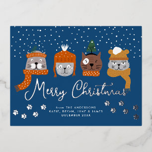 Cute Cats in Christmas Knits in Snow Blue Foil Holiday Postcard