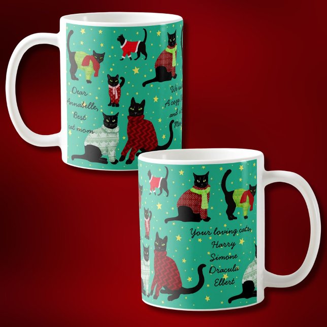 Cute Cats in Christmas Sweaters Personalized Two-Tone Coffee Mug (Cute Cats in Cozy Christmas Sweaters Personalized holiday mug from the gang)
