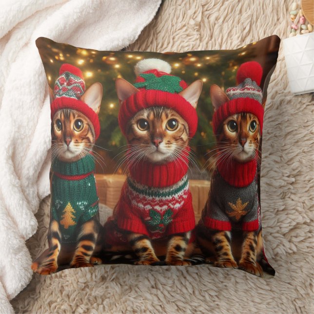 Cute Cats in Christmas Sweaters Throw Pillow (Blanket)