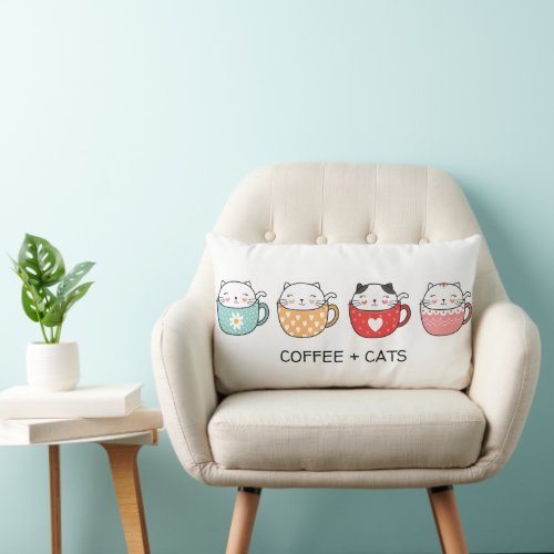 Cute Cats in Coffee Mug with Kawaii Style Kitty Lumbar Pillow