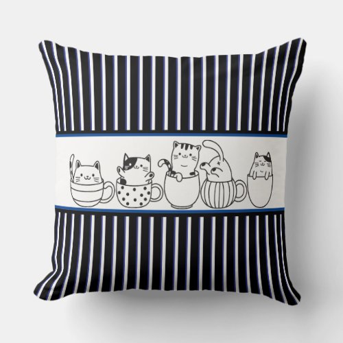 Cute Cats In Cups_ blue White  black stripes Throw Pillow