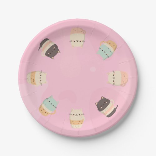 Cute cats in cups on pink background paper plates