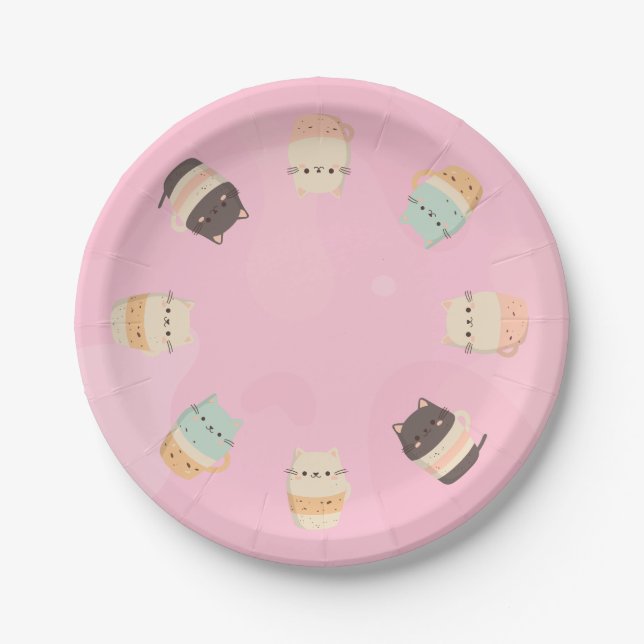 Cute cats in cups on pink background paper plates (Front)