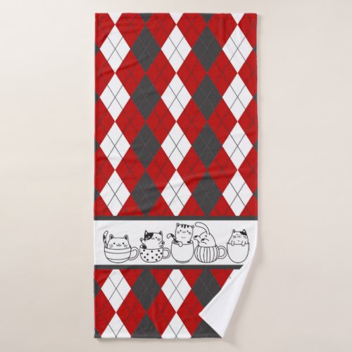 Cute Cats In Cups _Red White  Dark Gray Argyle Bath Towel Set