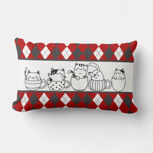 Cute Cats In Cups_ Red White  Gray Lumbar Pillow