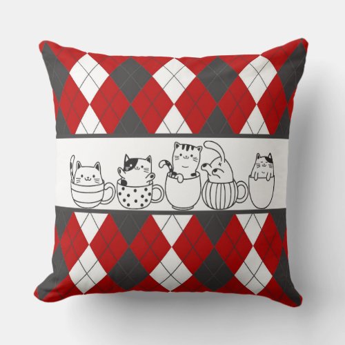 Cute Cats In Cups_ Red White  Gray Throw Pillow