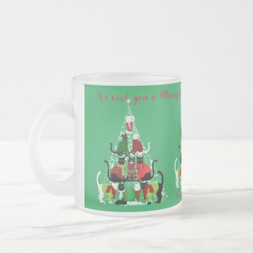 Cute Cats In Holiday Sweaters Christmas Tree  Frosted Glass Coffee Mug