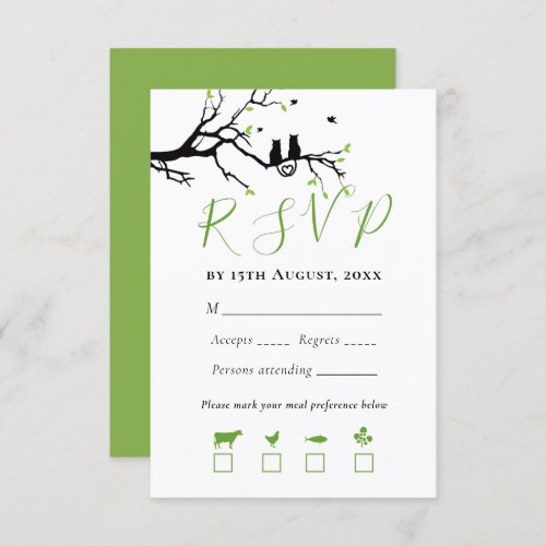 Cute Cats In Love Black Tree Heart Birds Wedding  RSVP Card