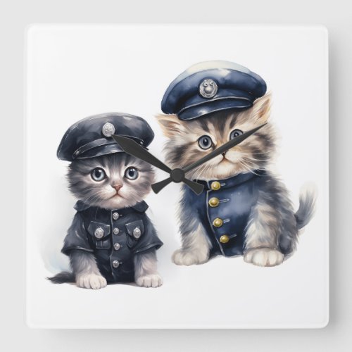 Cute Cats in Police Uniforms Paws of Justice  Square Wall Clock