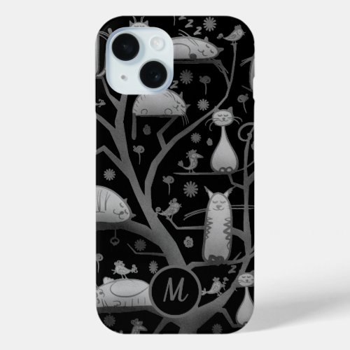 Cute Cats in Tree Grey Art Monogram iPhone 15 Case