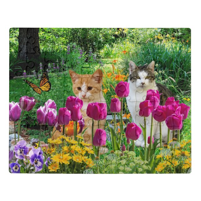 Cute Cats in Tulip Flower Garden Jigsaw Puzzle (Puzzle Horizontal)