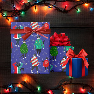 Cute Cats in Ugly Christmas Sweaters Navy Wrapping Paper