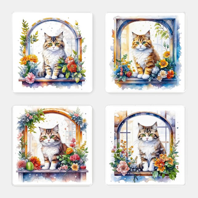 Cute Cats in Window of Flowers Personalized Coaster Set (Set)