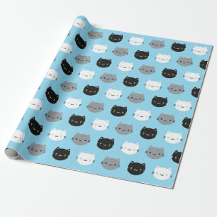 Cute Cats & Kawaii Kittens (Blue) Wrapping Paper